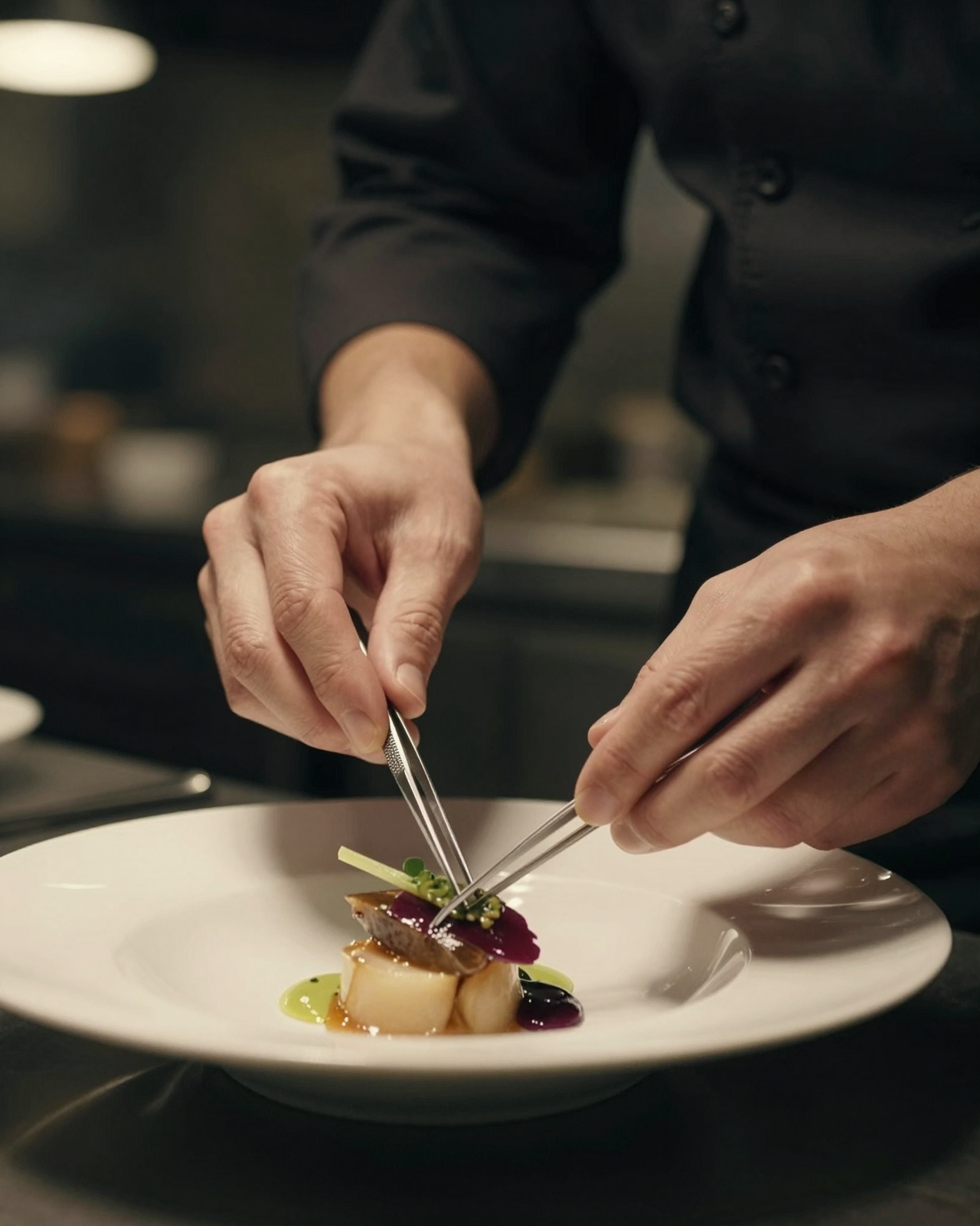 Le chef dressant un plat en cuisine